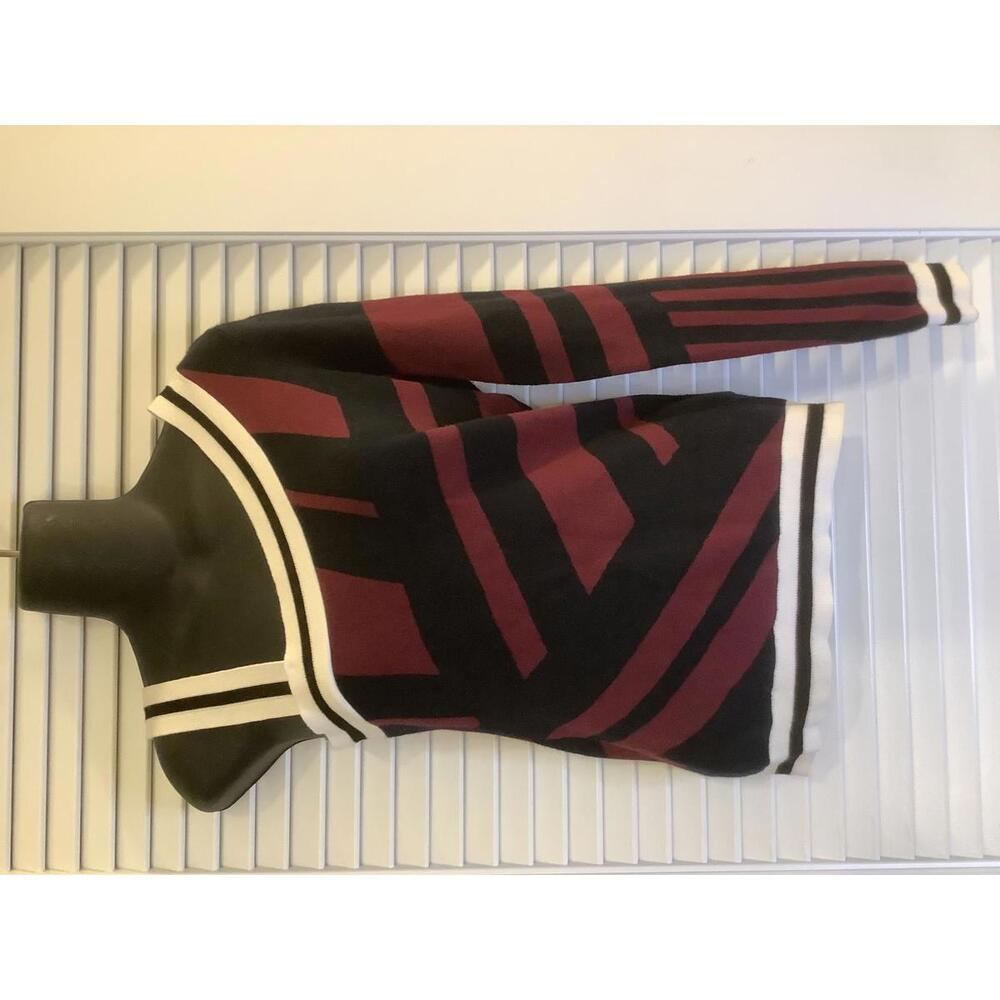 Karen Millen Asymmetrical One Shoulder Striped Knit Top M Burgundy Navy